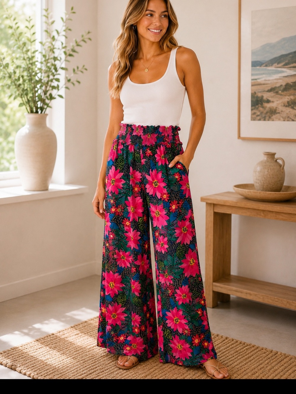 High-Rise Wide Leg Floral Pants - Pink Multi